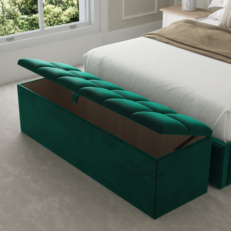 Milan Fabric Upholstered Blanket Box – angled view, storage open