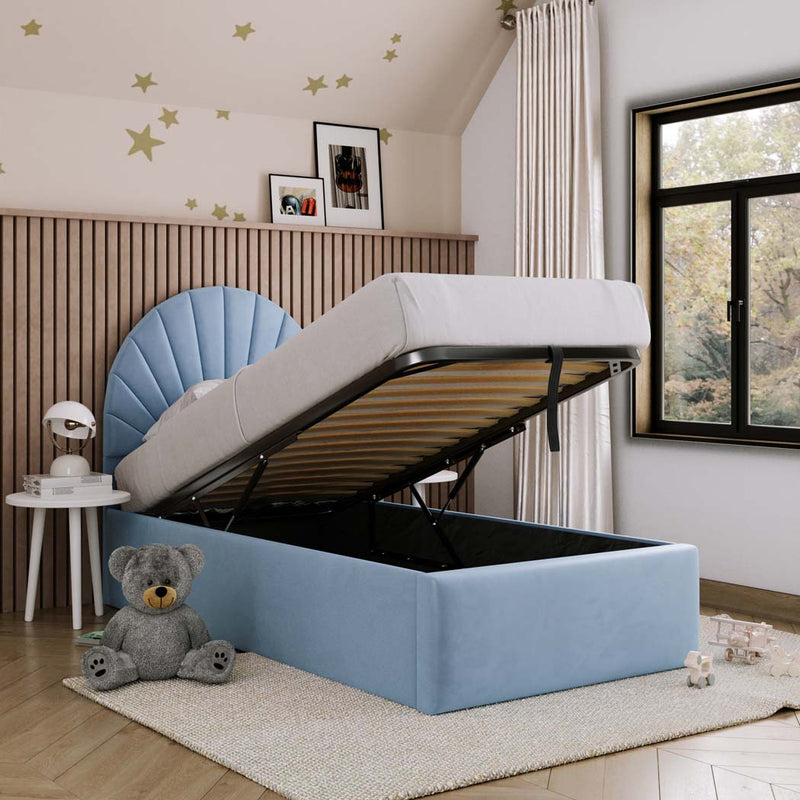 Millie Kids Fabric Bed with Optional Storage – styled in a bedroom, storage open