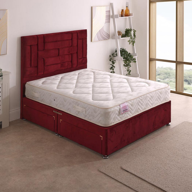 Morpheus Coil Sprung Divan Bed Set – angled view, drawers open