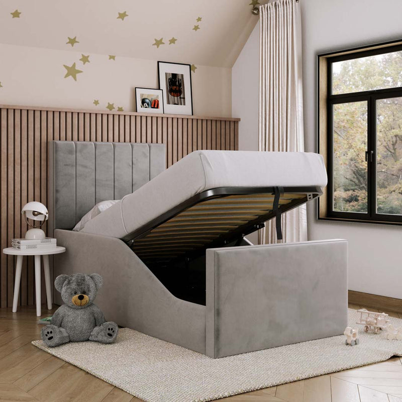 Parker Kids Fabric Bed with Safety Rails – storage open, styled in a bedroom
