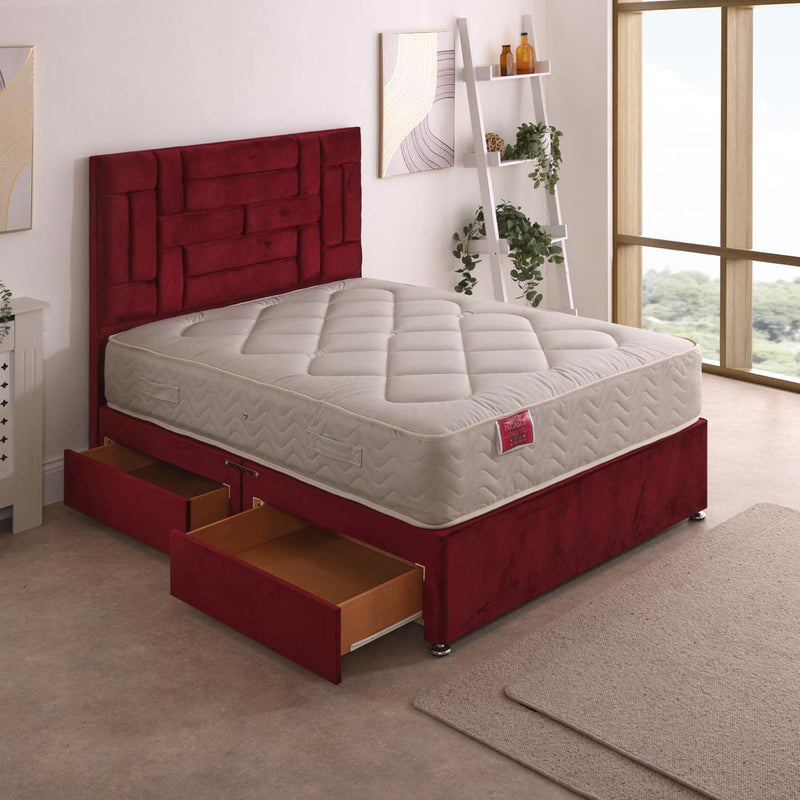 Pegasus Open Coil Mattress – angled view, two drawers open