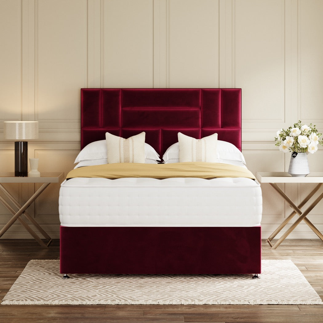 Red Picasso Divan Bed Set With Headboard in a bedroom – front view