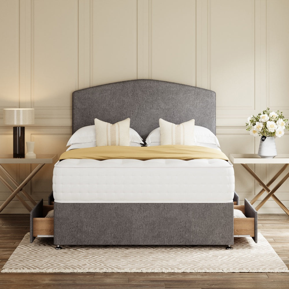 Grey Porto Divan Bed Set With Headboard in a bedroom – front view with drawer open