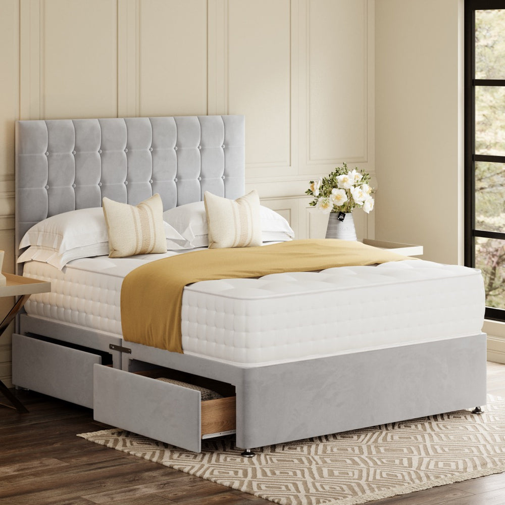 Grey Prague Divan Bed Set With Headboard in a bedroom – side view