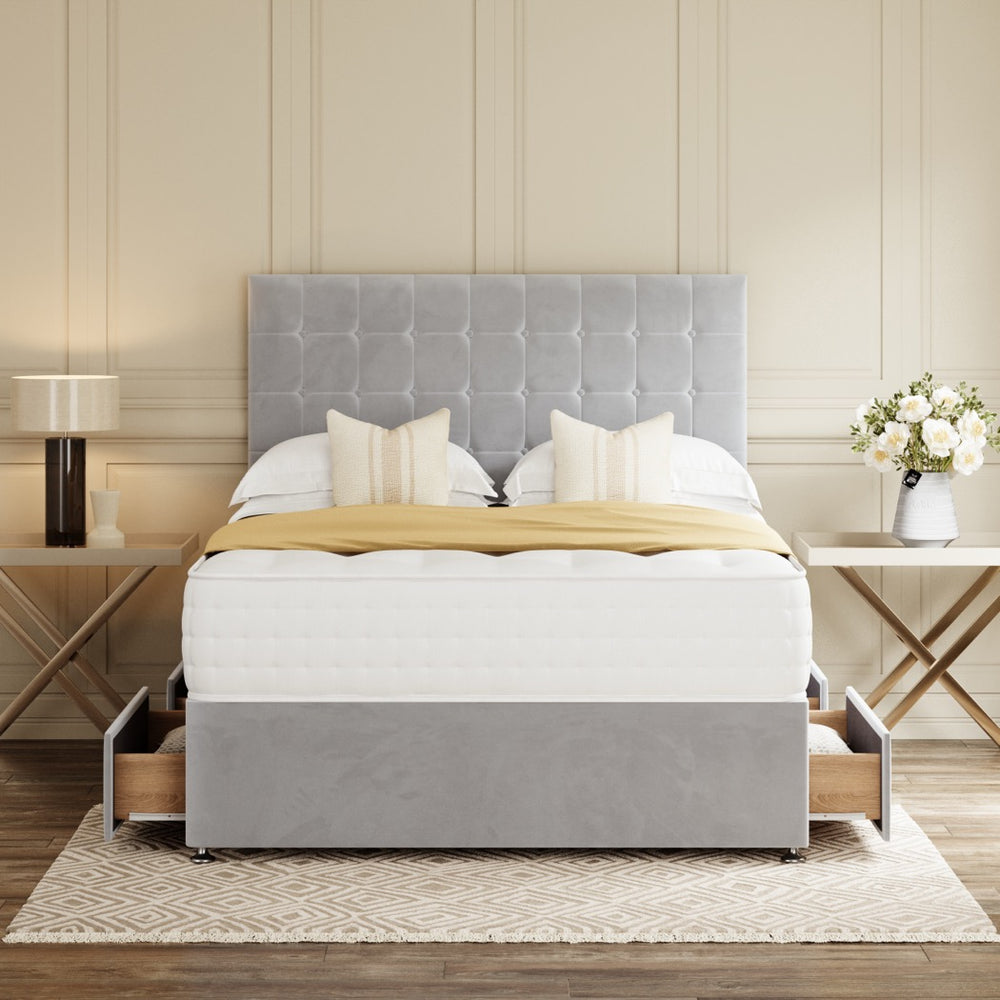 Grey Prague Divan Bed Set With Headboard in a bedroom – front view with drawer open