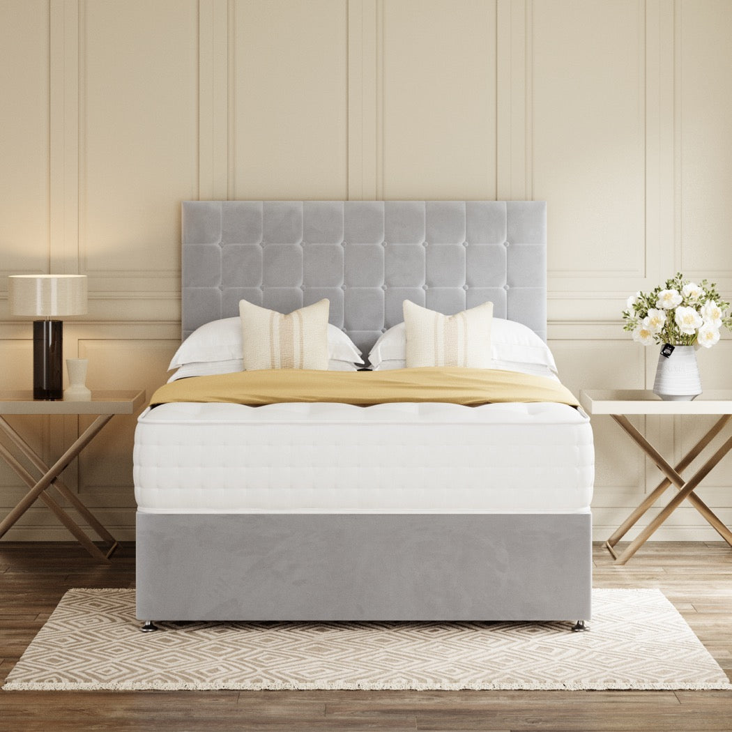Grey Prague Divan Bed Set With Headboard in a bedroom – front view