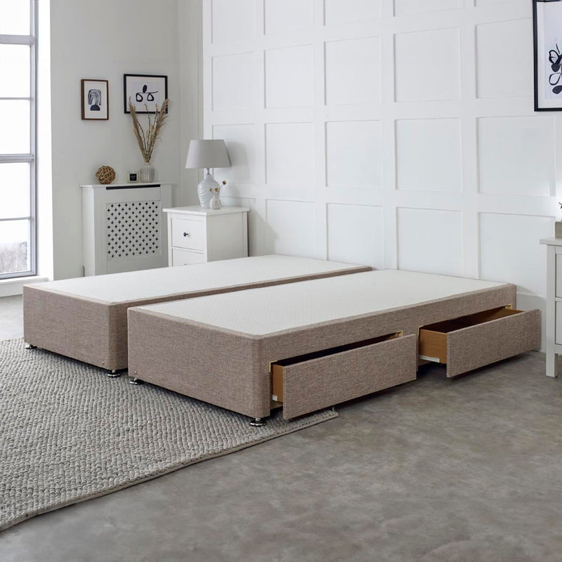 Premium Zip and Link Platform Top Divan Bed Base – angled view, two drawers open