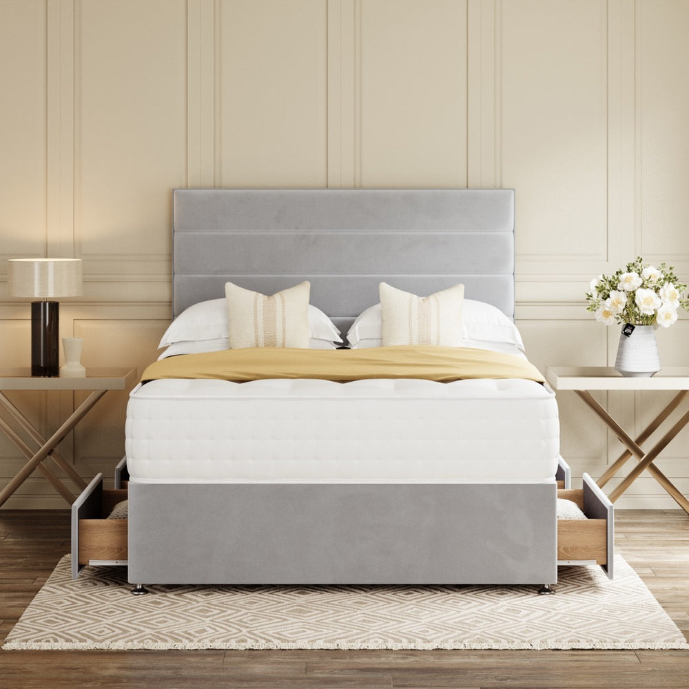 Grey Rome Divan Bed Set With Headboard in a bedroom – front view with drawer open