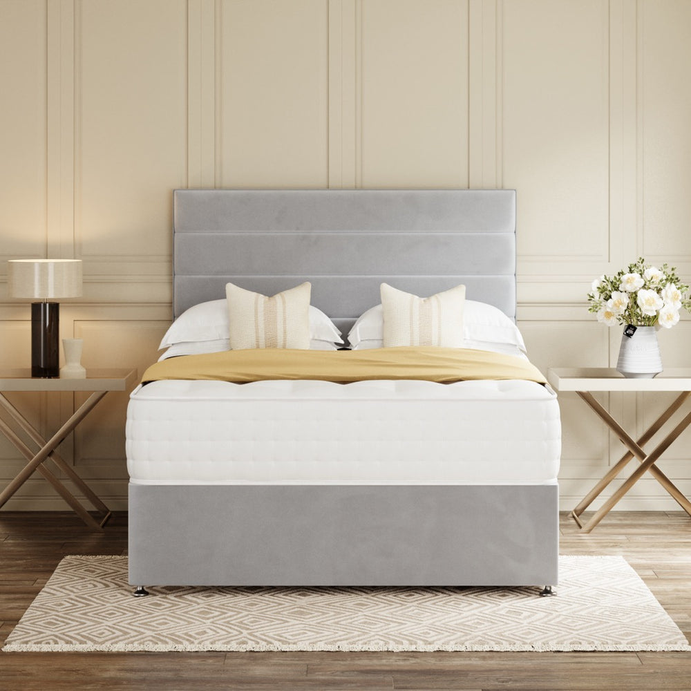 Grey Rome Divan Bed Set With Headboard in a bedroom – front view
