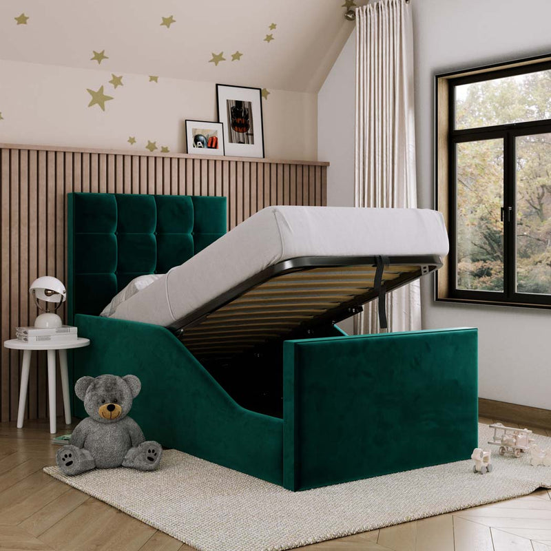 Sebastian Kids Fabric Bed with Safety Rails – angled view, storage open