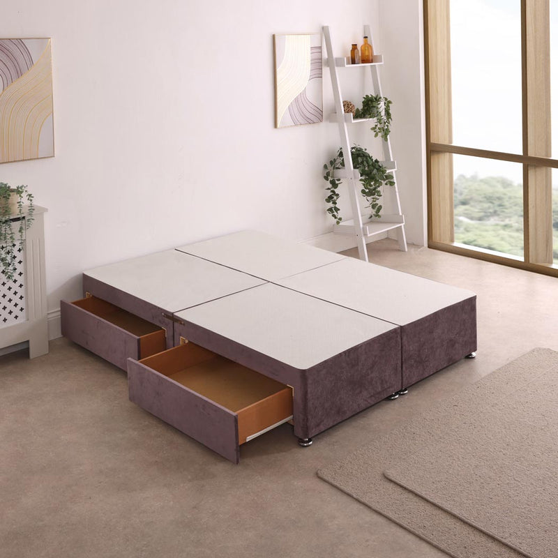 Split Divan Bed Base – angled view, two drawers open