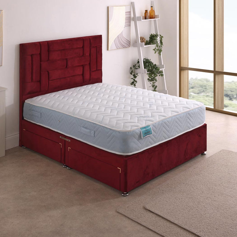 Stress Free Coil Sprung Divan Bed Set – angled view, two drawers open