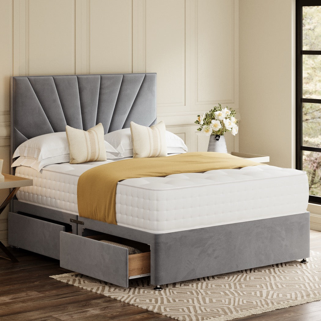 Grey Sunrise Divan Bed Set With Headboard in a bedroom – side view