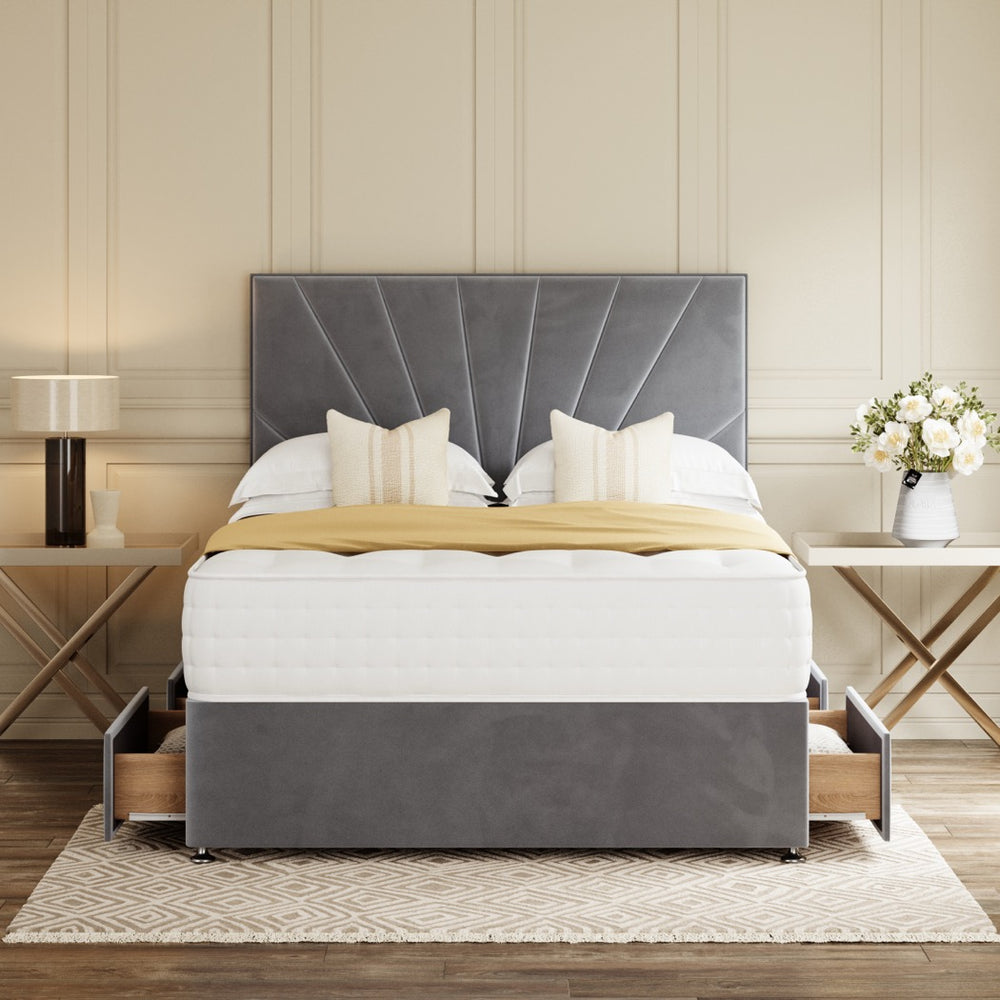 Grey Sunrise Divan Bed Set With Headboard in a bedroom – front view with drawer open