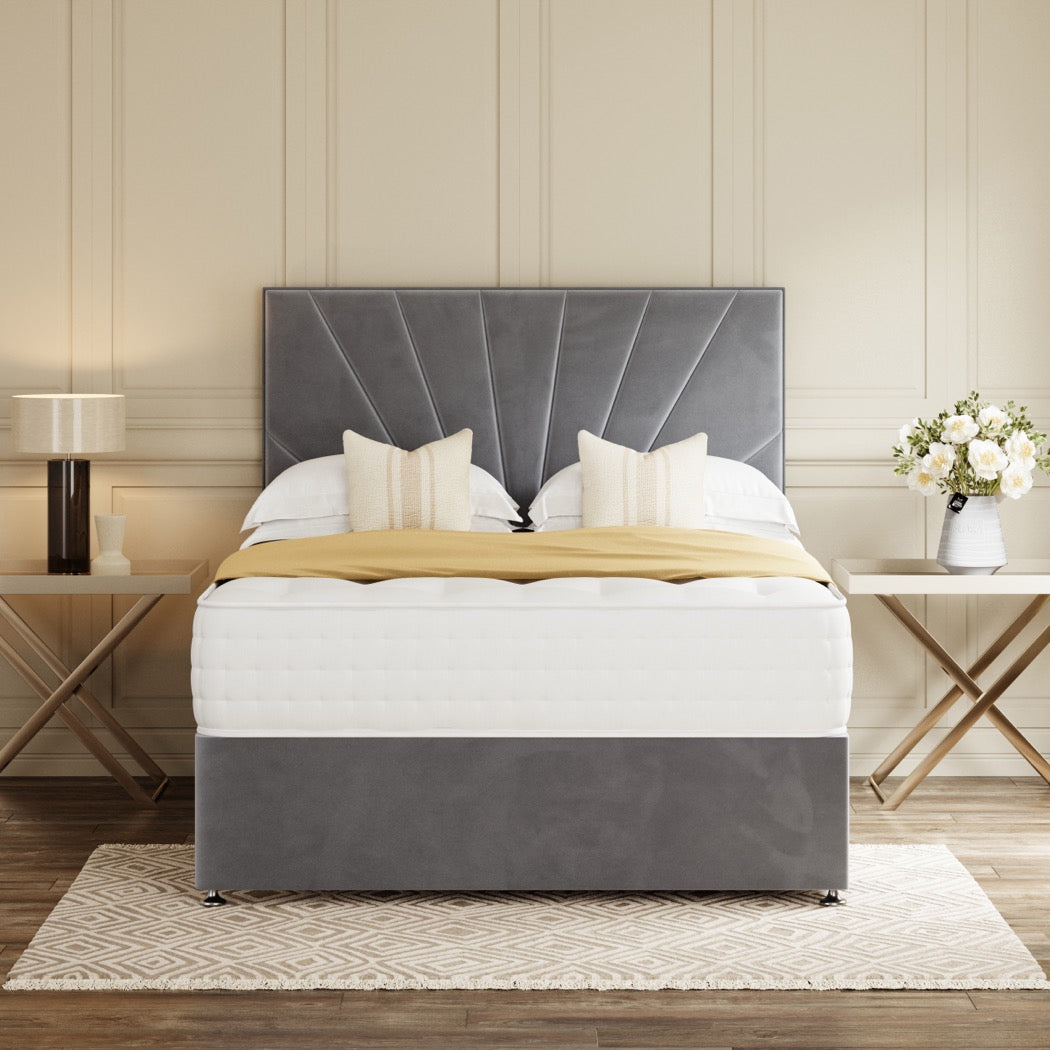 Grey Sunrise Divan Bed Set With Headboard in a bedroom – front view