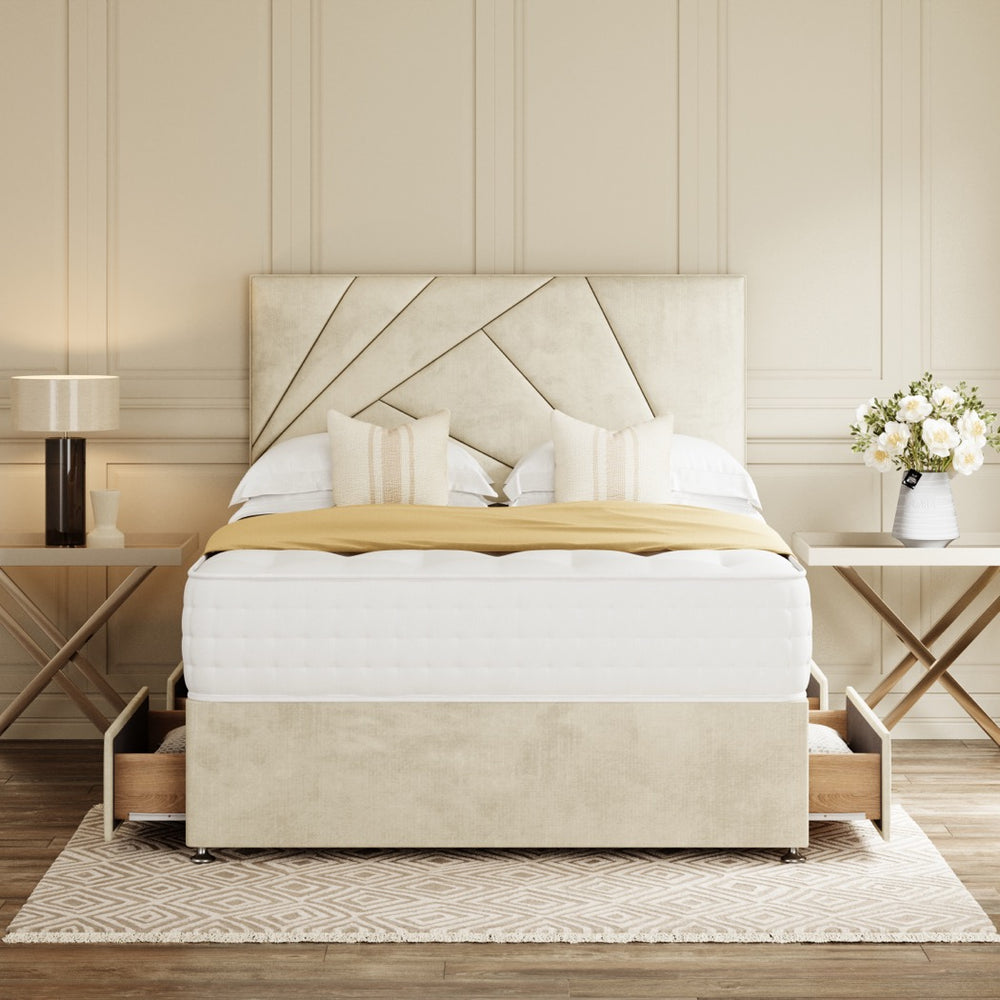 Cream Tokyo Divan Bed Set With Headboard in a bedroom – front view with drawer open