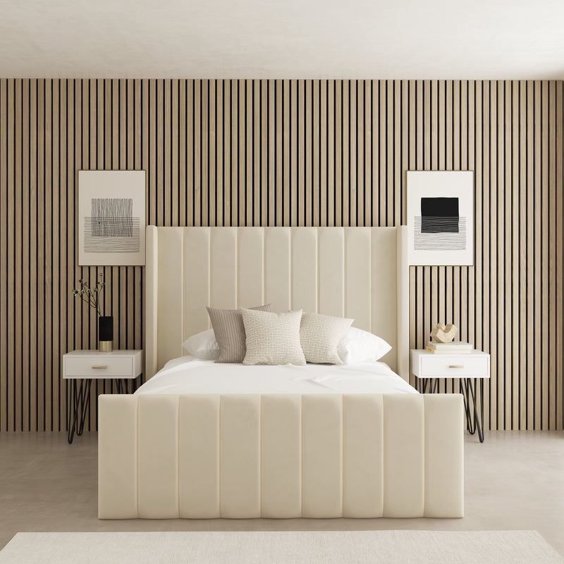 Valencia Winged Fabric Upholstered Bed Frame – styled in a bedroom