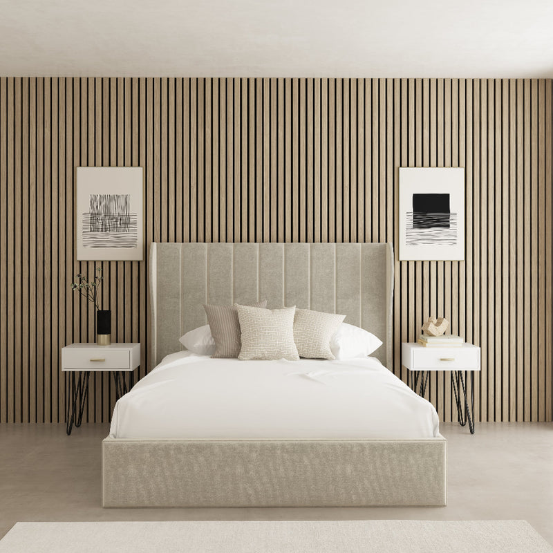 Verona Winged Fabric Upholstered Bed Frame – front view, styled in a bedroom
