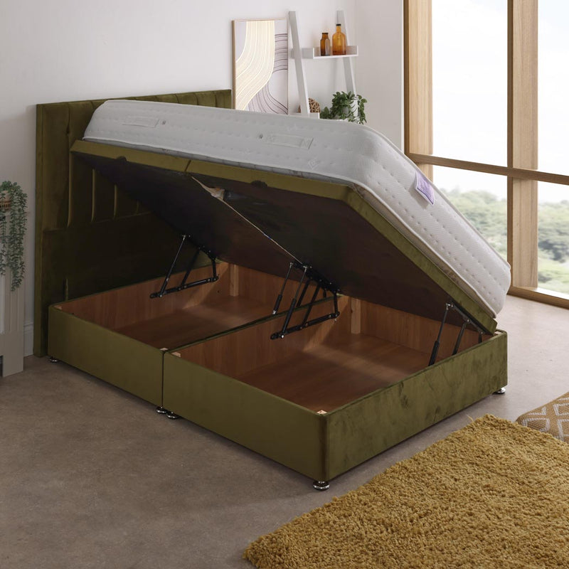Victoria Orthopaedic Coil Sprung Ottoman Side Lift Bed Set – angled view, storage open