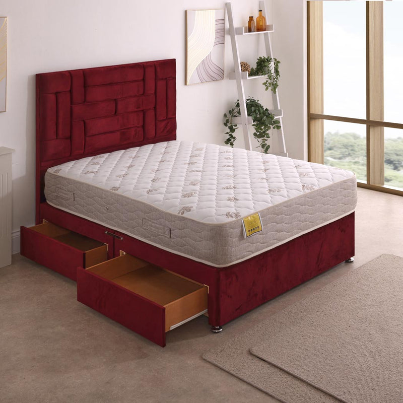 Zeus Orthopaedic Open Coil Mattress – angled view, two drawers open