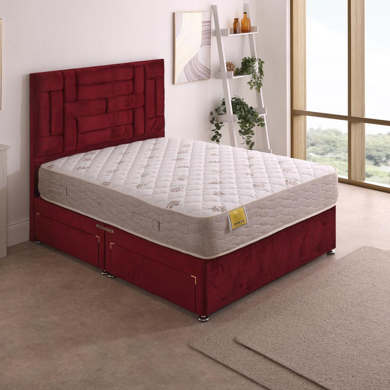 Zeus Orthopaedic Coil Sprung Divan Bed Set – angled view, two drawers open
