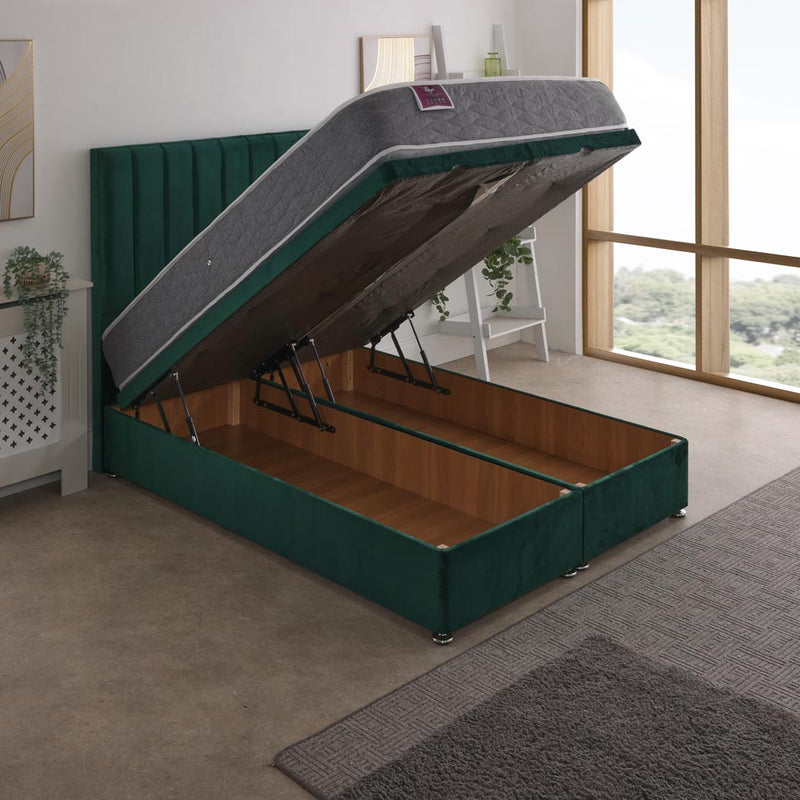 Zoya Coil Sprung Ottoman End Lift Bed Set – angled view, storage open