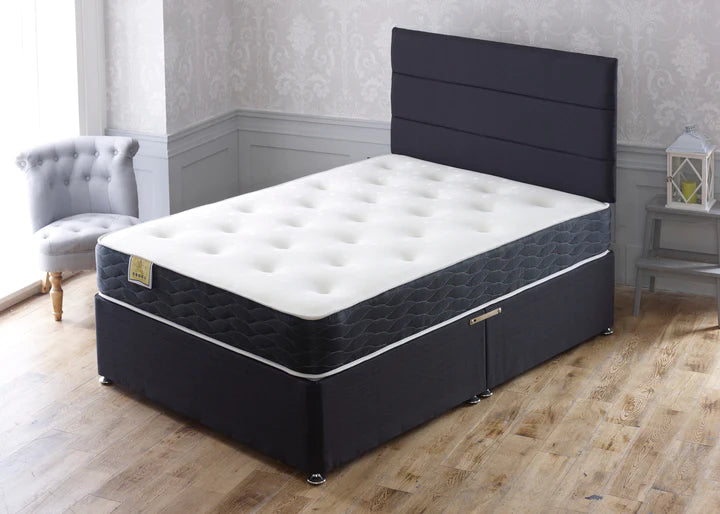 The Apollo Ares Memory Open Coil mattress is constructed from a 13.5 gauge springs unit packed with memory foam on either side of the mattress and generous layers of fillings distributed throughout the mattress, helping to reduce stress and relieve aches and pains as you sleep. Divan Base Information:  Upholstered in over 30 choices of fabric colours, designed to coordinate with any bedroom.