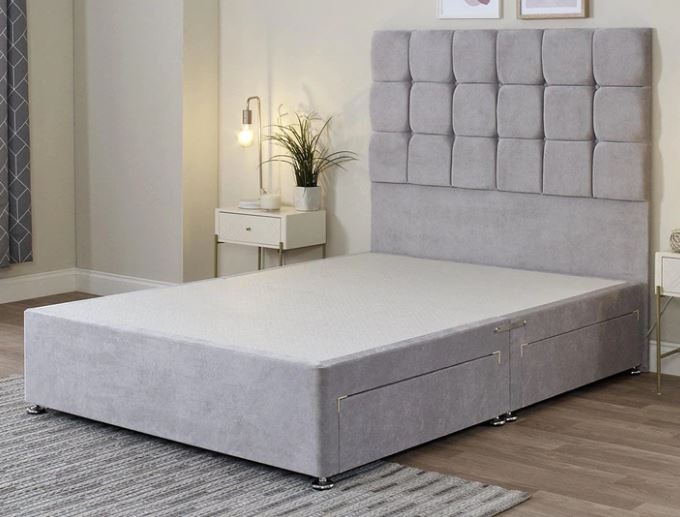 Heavy duty divan base/ Reinforced divan base featuring square panelled headboard, both upholstered in a sleek grey fabric 