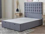 Ottoman end lift divan bed base with deep tufted square panelled grey headboard